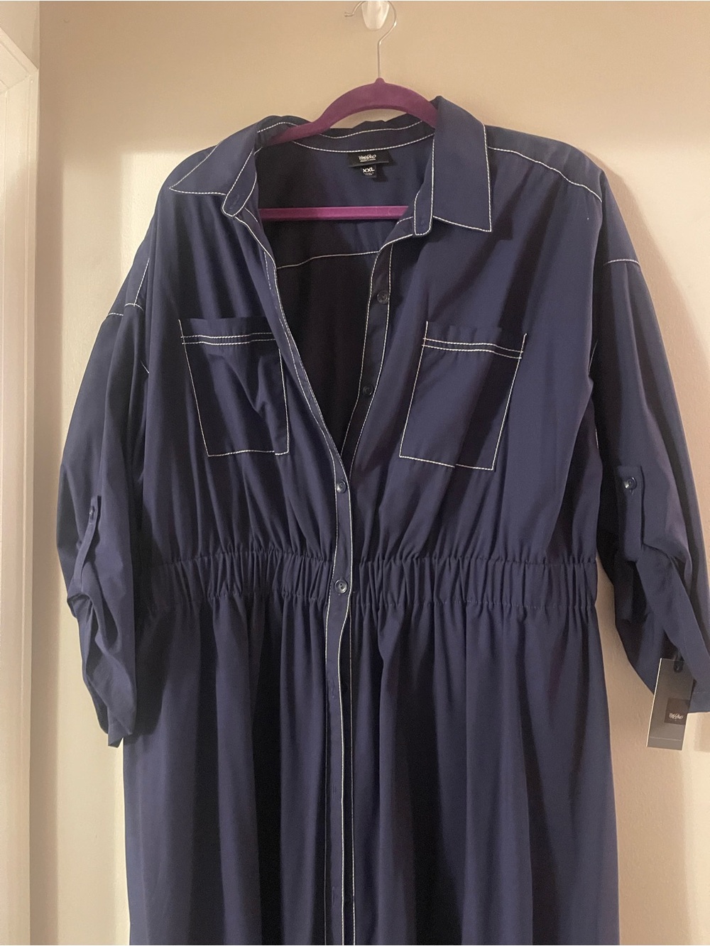 Navy Button-Front  Maxi Shirt Dress with Contrast Stitching